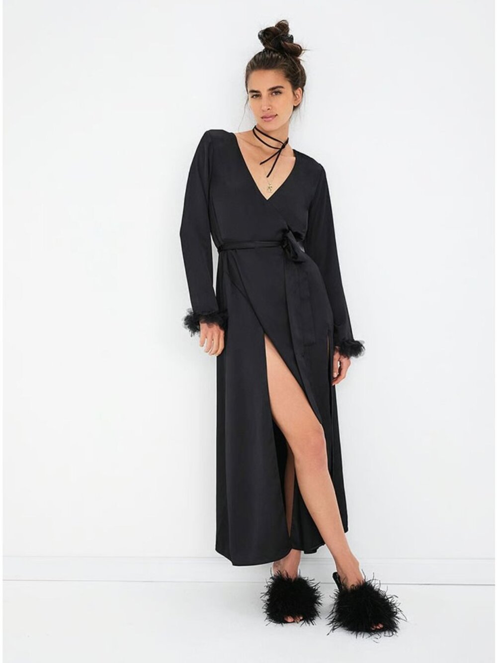 For Love and Lemons VS Floral Trim Robe Satin Maxi Black Medium